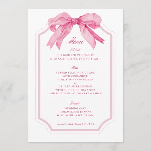 Roze Bow Toile Ribbon Vrijgezellenfeest Menu (Voorkant)