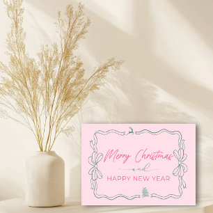 Roze: Bow & Trees Doodles Vakantie Gevouwen Kaart