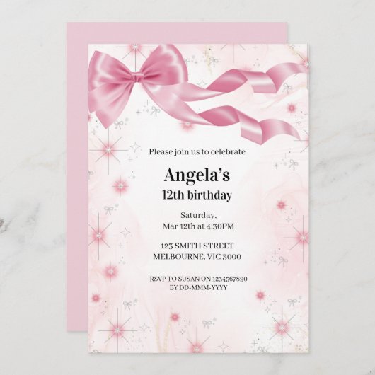 Roze Bow Verjaardag Meisjes Uitnodiging (Voorkant / Achterkant)