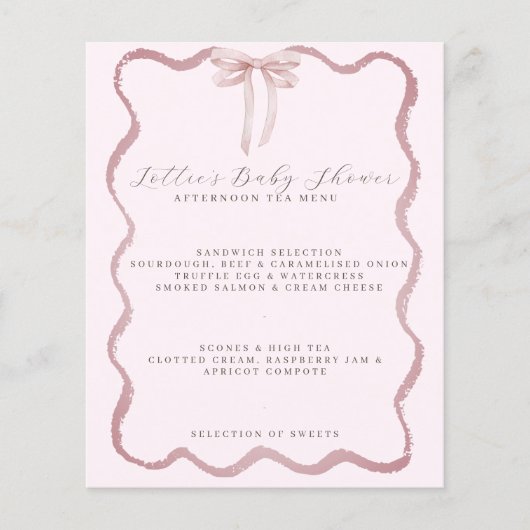 Roze Bow Wavy Border Meisje Baby shower Menu (Voorkant)