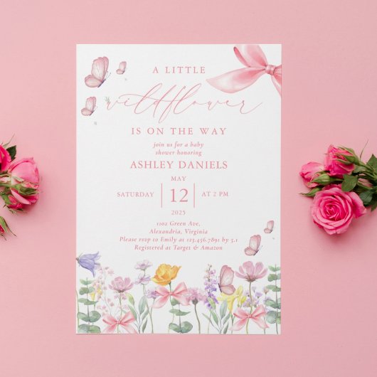 Roze Bow Wildflower Meisje Baby shower Kaart