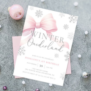 Roze Bow Winter Onederland Sneeuwvlok 1e verjaarda Kaart