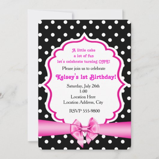 Roze Bow Zwart Wit Polka Dot Party Uitnodiging (Voorkant)
