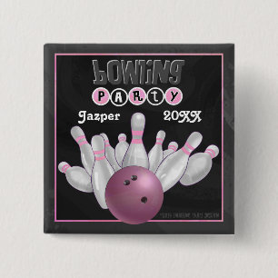 Roze Bowling Party Vierkante Button 5,1 Cm