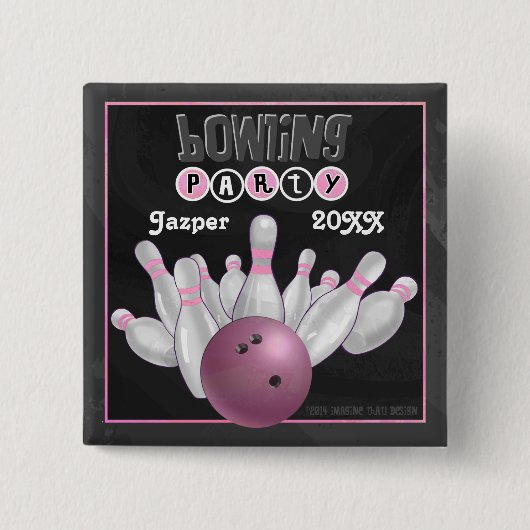 Roze Bowling Party Vierkante Button 5,1 Cm (Voorkant)