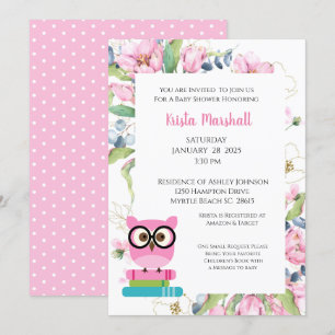 Roze breng Boek Owl Floral Baby shower Uitnodiging