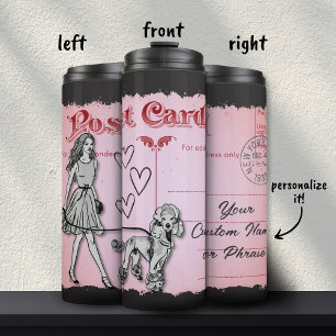 Roze  Briefkaart Shopping Vrouw Poedel Liefde Thermosbeker