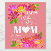 Roze Bright Florals Happy Moederdag Wijn Etiket (Enkel label)