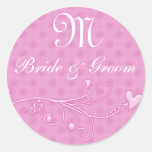 Roze Bruid & bruidegom Monogram Sticker