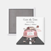 Roze bruid en bruidegom Getaway auto "Save the Dat Magneet (Voorkant / Achterkant)