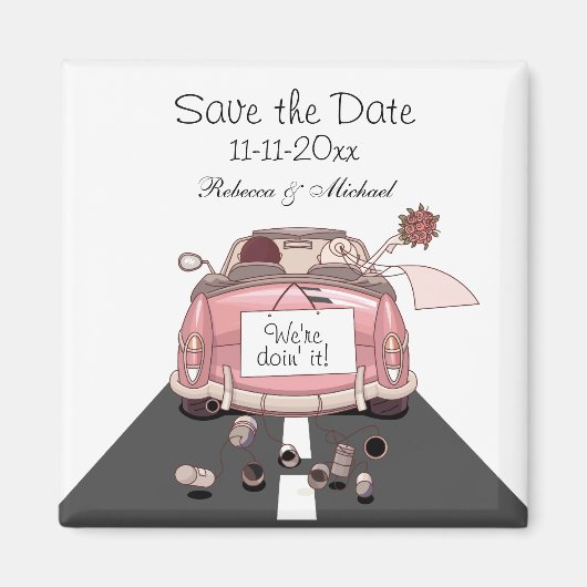 Roze bruid en bruidegom Getaway auto "Save the Dat Magneet (Voorkant)