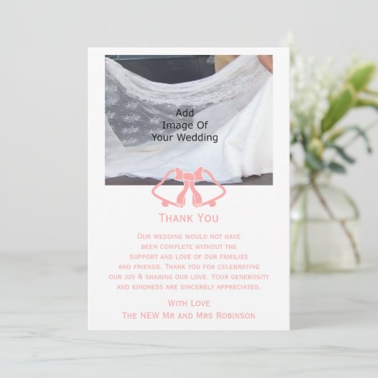 Roze bruiloft Dank u kaart bellen en lint (Staand voorkant)