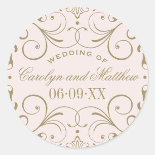 Roze Bruiloft Monogram   Antiek goud bloeien Ronde Sticker