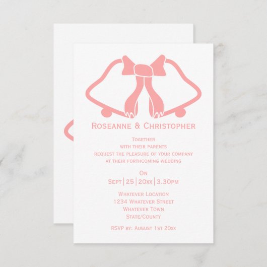 Roze bruiloft uitnodiging bellen en lint (Voorkant / Achterkant)