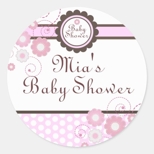 Roze & Bruin Bloemontwerp Baby shower Sticker (Voorkant)