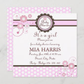 Roze & Bruin Bloemontwerp Baby shower Uitnodiging (Voorkant / Achterkant)