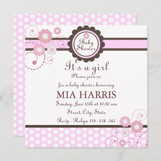 Roze & Bruin Bloemontwerp Baby shower Uitnodiging (Voorkant / Achterkant)