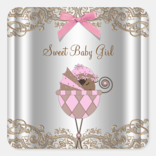 Roze Bruin Carriage Baby shower Label