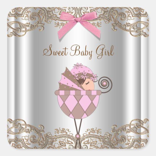 Roze Bruin Carriage Baby shower Label (Voorkant)