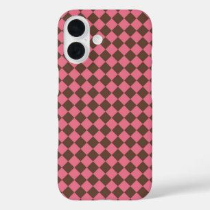 Roze Bruin Checker Diamant Patroon iPhone 16 Hoesje