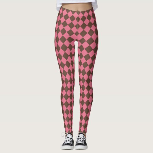 Roze Bruin Checker Diamant Patroon Leggings (Voorkant)