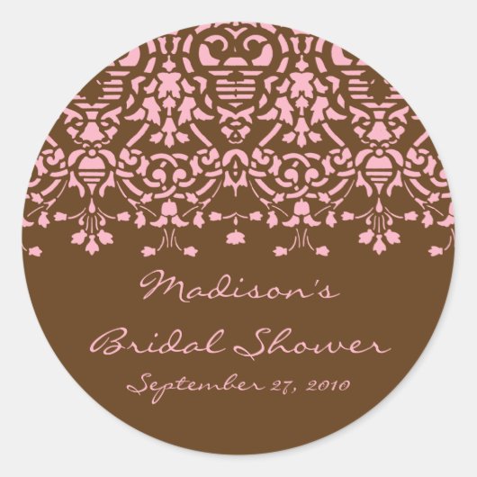 Roze & Bruin Damask Bruidsdouche Sticker (Voorkant)