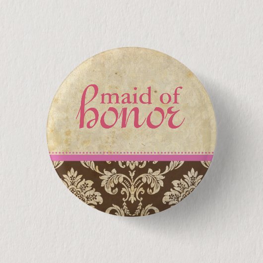  roze bruin Damask Maid of Honor Button (Voorkant)