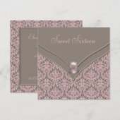 Roze Bruin Damask Sweet 16 Party Kaart (Voorkant / Achterkant)