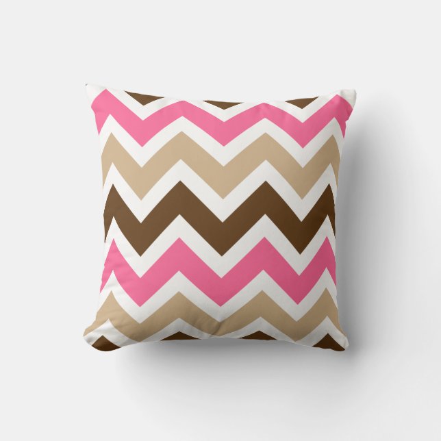 Roze, bruin en bruin Chevron patroon Kussen (Voorkant)
