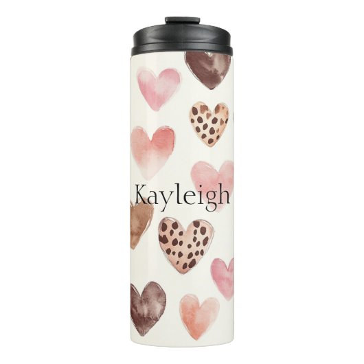 Roze Bruin Luipaard Print Hearts Thermosbeker (Voorkant)
