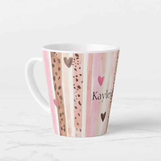 Roze Bruin Luipaard Print Stripes Harten Latte Mok (Linkerhoek)