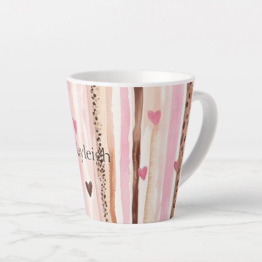 Roze Bruin Luipaard Print Stripes Harten Latte Mok (Rechterhoek)