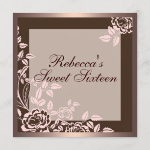 Roze & Bruin Roos Sweet 16 Verjaardagsuitnodiging Kaart