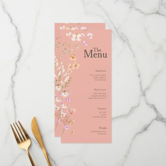 Roze Bruine Bloemen Wedding Event Menu Tafel Decor (Voorkant / Achterkant in situ)