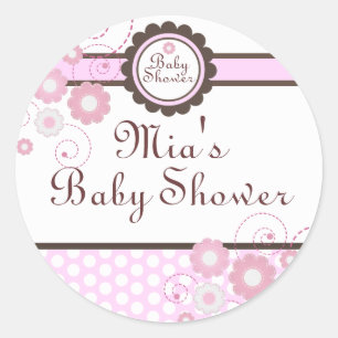 Roze & Bruine Bloemige Design Baby Shower Sticker