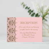 Roze bruine damast huwelijksontvangst uitnodiging (Staand voorkant)