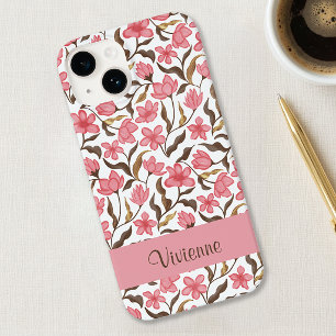 Roze Bruine Gouden Waterverf Wilde Bloem Naam Case-Mate iPhone 14 Hoesje
