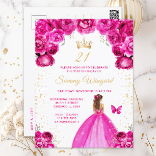Roze Bruine Haar Prinses Verjaardagsfeestje Briefkaart