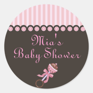 Roze & Bruine Rammelontwerp Baby Shower Sticker
