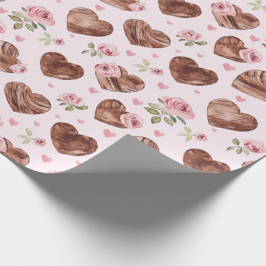 Roze Bruine Rozen Bloemhartjes Bruiloft Cadeaupapier (Hoek)