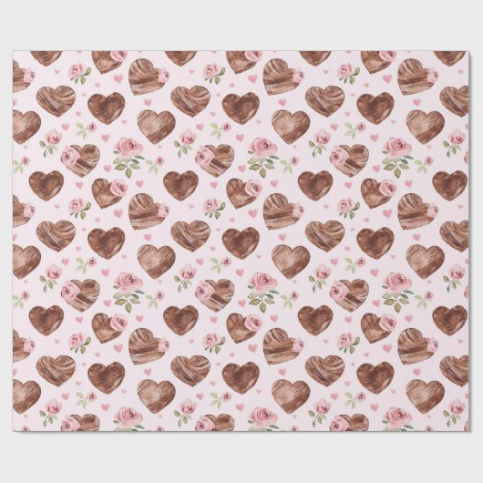 Roze Bruine Rozen Bloemige Harten Huwelijk Cadeaupapier (Vlak)