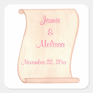 Roze & Bruine Scroll Wedding Sla de datum op stick Vierkante Sticker