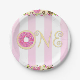 Roze Bruine Strooi Donuts EERSTE 1e Verjaardagsfee Papieren Bordje