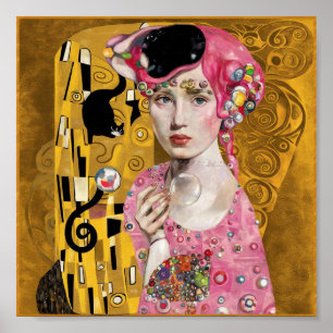 Roze Bubble Gum Dame met Gustav Klimt Kat Kunst Poster