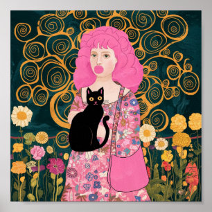 Roze Bubble Gum Dame met Gustav Klimt Kat Kunst Poster