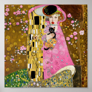Roze Bubble Gum Dame met Gustav Klimt Kat Kunst Poster