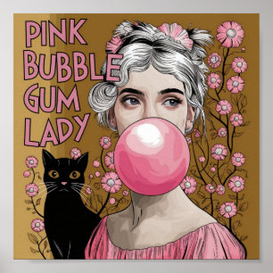 Roze Bubble Gum Dame met Zwarte Kat Gustav Klimt Poster