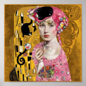Roze Bubble Gum Lady met Gustav Klimt Kattenkunst Poster (Voorkant)