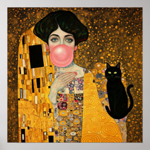 Roze Bubble Gum Lady met zwarte kat Gustav Klimt Poster