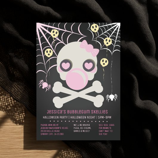 Roze Bubblegum Skellies Halloween Skeleton Party Kaart